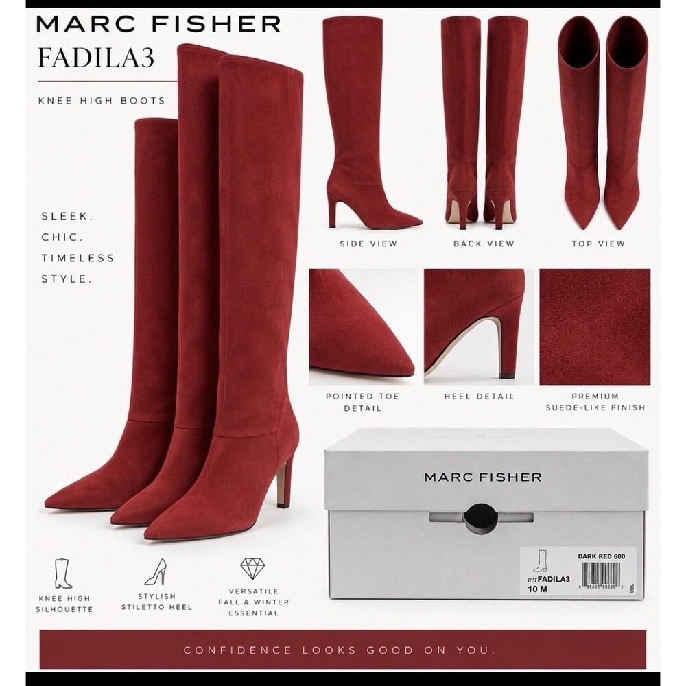 Marc Fisher Fadila3 Dark Red Knee High Heeled Boots Women’s Size 10 M NEW